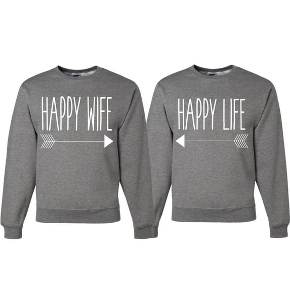 Wild Bobby, Happy Life Happy Wife Valentines Day Outfit His and Hers Matching Couples Crewneck Sweatshirts, Heather Grey, Mens S-Womens 2XL