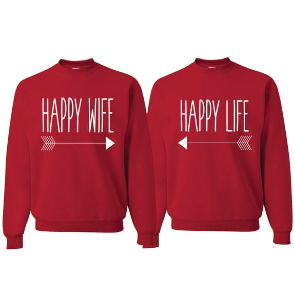Wild Bobby, Happy Life Happy Wife Valentines Day Outfit His and Hers Matching Couples Crewneck Sweatshirts, Red, Mens 3XL-Womens 2XL