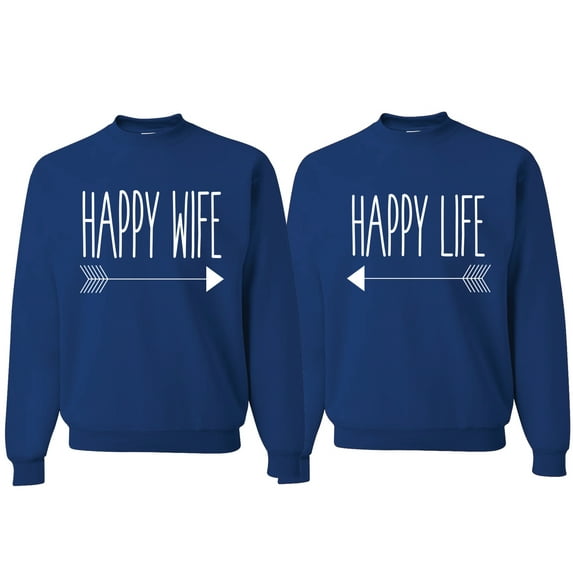 Wild Bobby, Happy Life Happy Wife Valentines Day Outfit His and Hers Matching Couples Crewneck Sweatshirts, Royal, Mens M-Womens S