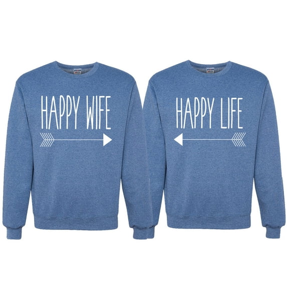 Wild Bobby, Happy Life Happy Wife Valentines Day Outfit His and Hers Matching Couples Crewneck Sweatshirts, Vintage Heather Blue, Mens L-Womens 3XL