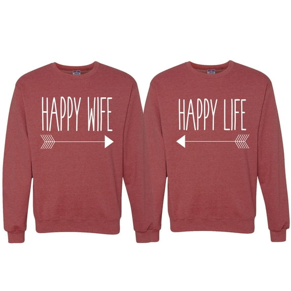 Wild Bobby, Happy Life Happy Wife Valentines Day Outfit His and Hers Matching Couples Crewneck Sweatshirts, Vintage Heather Red, Mens XL-Womens 3XL