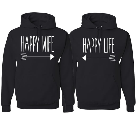 Wild Bobby Happy Life Happy Wife Valentines Day Outfit His and Hers Matching Couples Hoodie Sweatshirts, Black, Mens M-Womens L