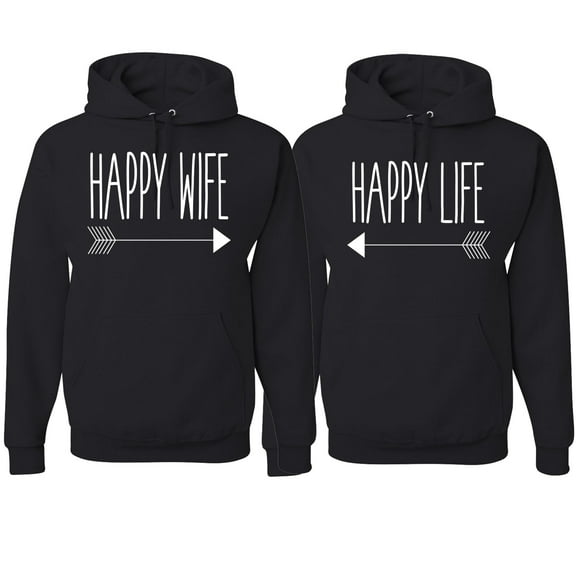 Wild Bobby, Happy Life Happy Wife Valentines Day Outfit His and Hers Matching Couples Hoodie Sweatshirts, Black, Mens S-Womens XL
