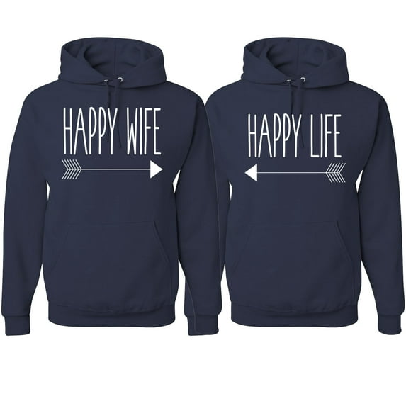 Wild Bobby, Happy Life Happy Wife Valentines Day Outfit His and Hers Matching Couples Hoodie Sweatshirts, Navy, Mens M-Womens L