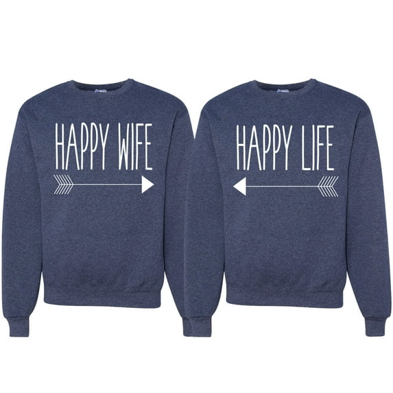 Wild Bobby, Happy Wife Happy Life Couples, Matching Couples Crewneck Sweater, Heather Navy, Mens 3XL-Womens L