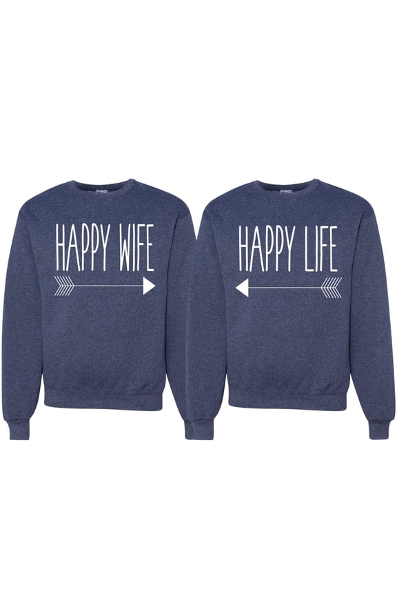 , Happy Wife Happy Life Couples, Matching Couples Crewneck Sweater, Heather Navy, Mens L-Womens S