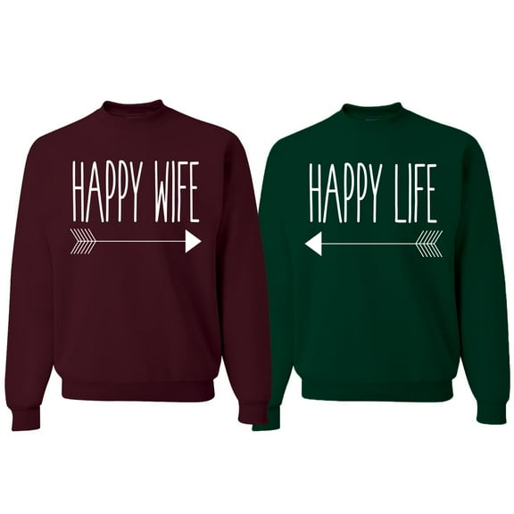 Wild Bobby, Happy Wife Happy Life Couples, Matching Couples Crewneck Sweater, Maroon Forest Green, Mens XL-Womens S