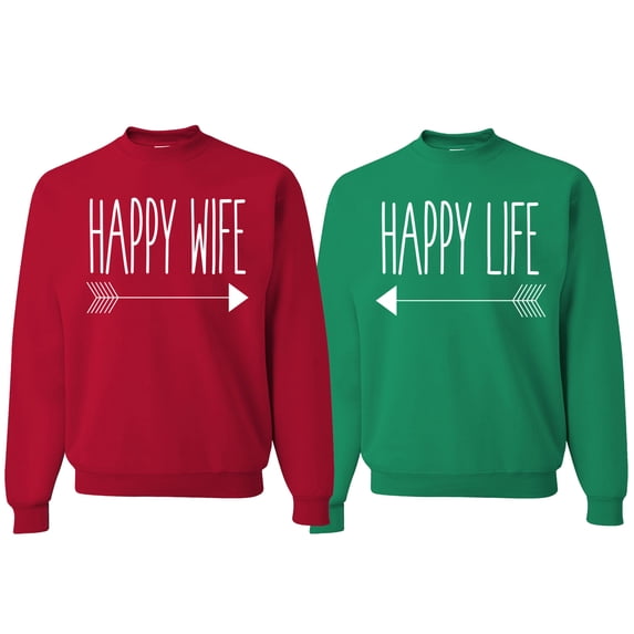 Wild Bobby, Happy Wife Happy Life Couples, Matching Couples Crewneck Sweater, RedKelly, Mens XL-Womens XL