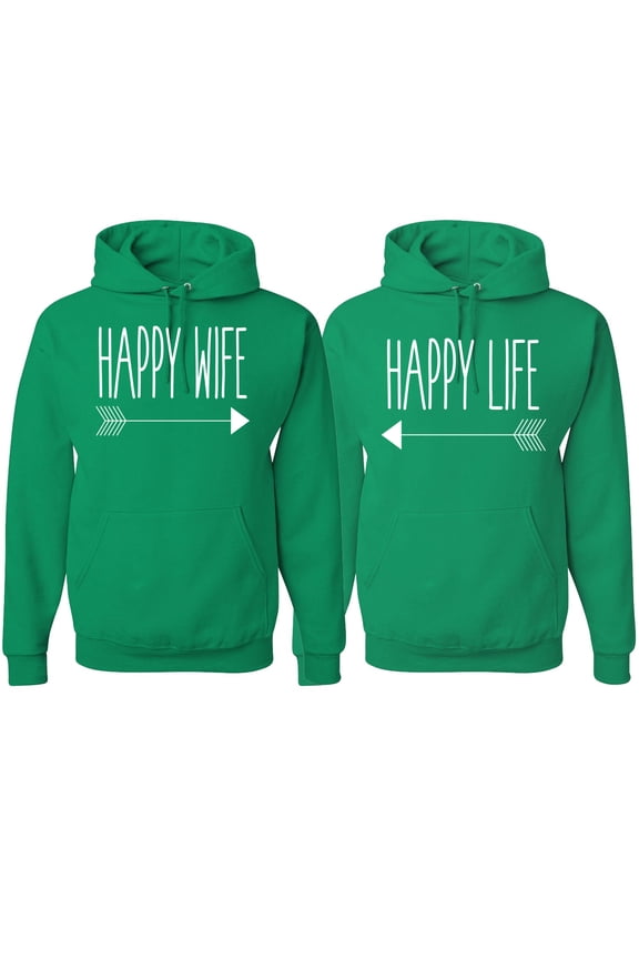 , Happy Wife Happy Life Couples, Matching Couples Hoodie, Kelly, Mens L-Womens L