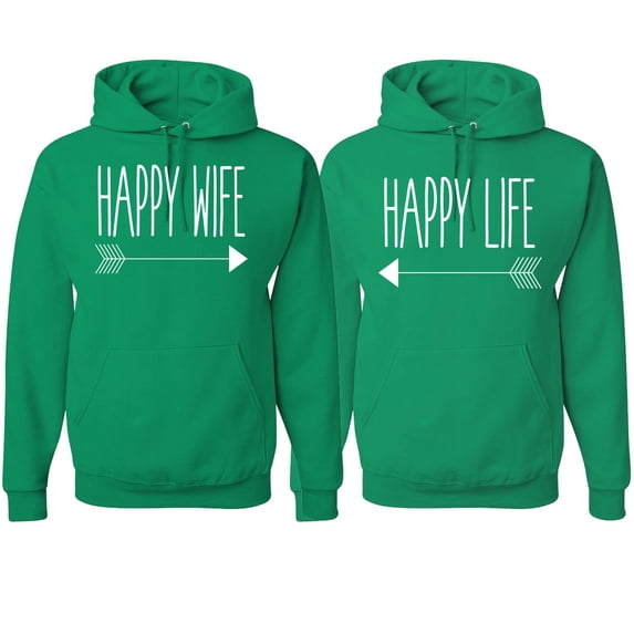 Wild Bobby, Happy Wife Happy Life Couples, Matching Couples Hoodie, Kelly, Mens S-Womens L