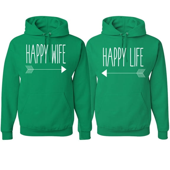 Wild Bobby, Happy Wife Happy Life Couples, Matching Couples Hoodie, Kelly, Mens XL-Womens 2XL