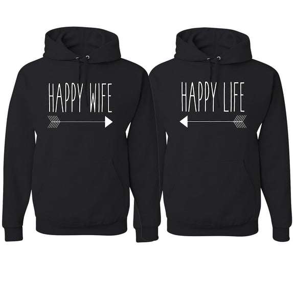 Wild Bobby, Happy Wife Happy Life Cute Classic Funny His and Hers Matching Couples Hoodies Sweater Set, Black, Mens 3XL-Womens M