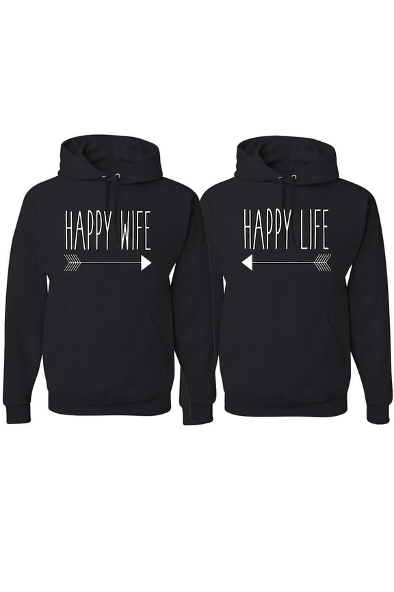, Happy Wife Happy Life Cute Classic Funny His and Hers Matching Couples Hoodies Sweater Set, Black, Mens M-Womens M