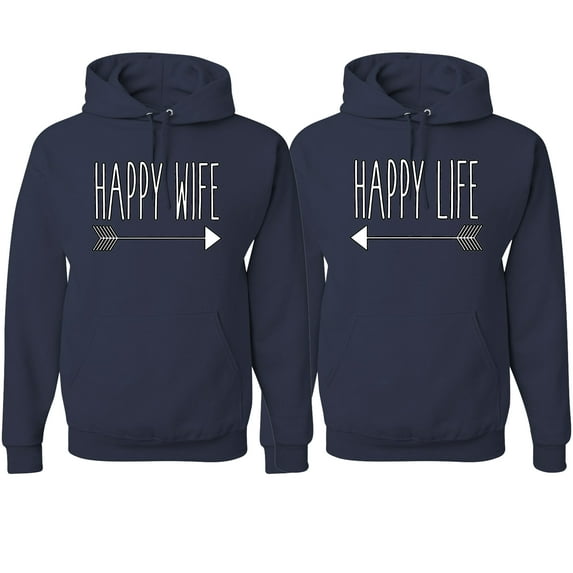 Wild Bobby, Happy Wife Happy Life Cute Classic Funny His and Hers Matching Couples Hoodies Sweater Set, Navy, Mens L-Womens 3XL