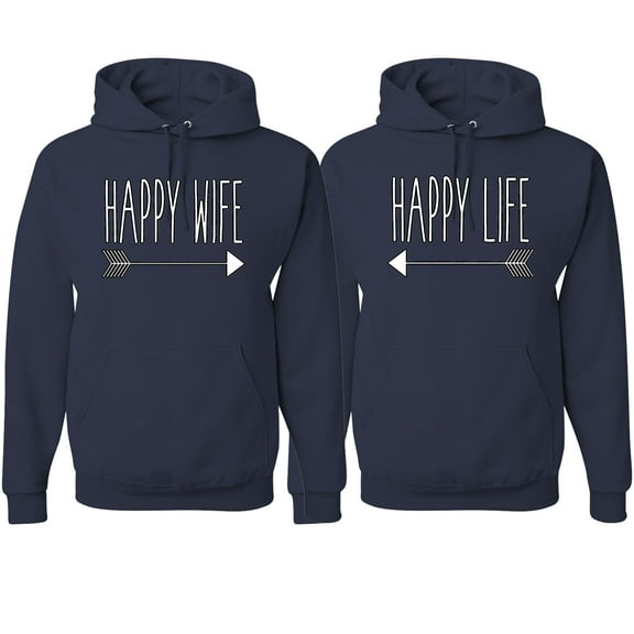 Wild Bobby, Happy Wife Happy Life Cute Classic Funny His and Hers Matching Couples Hoodies Sweater Set, Navy, Mens XL-Womens L