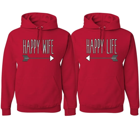 Wild Bobby, Happy Wife Happy Life Cute Classic Funny His and Hers Matching Couples Hoodies Sweater Set, Red, Mens 2XL-Womens M