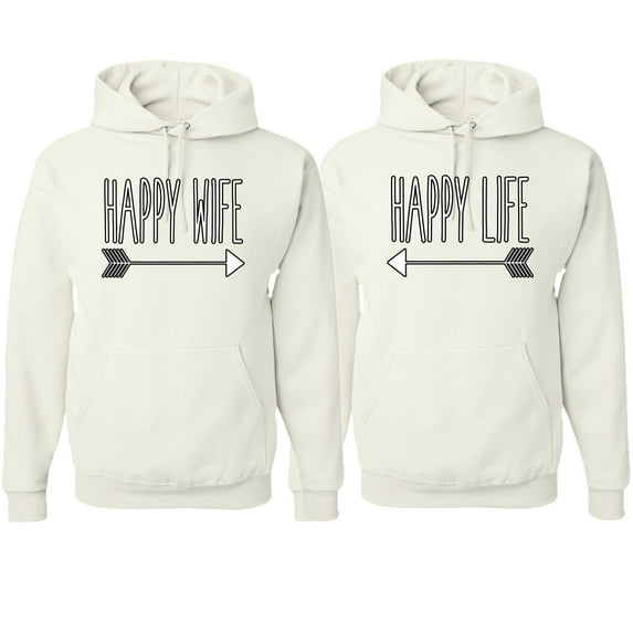 Wild Bobby, Happy Wife Happy Life Cute Classic Funny His and Hers Matching Couples Hoodies Sweater Set, White, Mens 2XL-Womens XL
