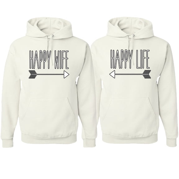 Wild Bobby, Happy Wife Happy Life Cute Classic Funny His and Hers Matching Couples Hoodies Sweater Set, White, Mens S-Womens S