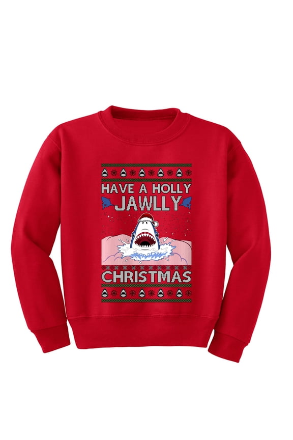 Have a Holly Jawlly Christmas, Cute Shark Christmas Sweater | Holiday Unisex Boys Girls Crewneck Graphic Sweatshirt