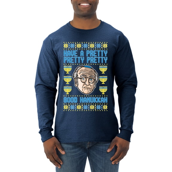 Wild Bobby, Have a Pretty Pretty Pretty Good Hanukkah Curb Larry, Hanukkah, Men Long Sleeve Shirt, Vintage Heather Navy, Medium