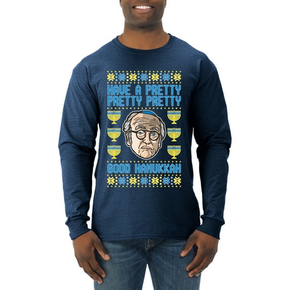 Wild Bobby, Have a Pretty Pretty Pretty Good Hanukkah Curb Larry, Hanukkah, Men Long Sleeve Shirt, Vintage Heather Navy, X-Large