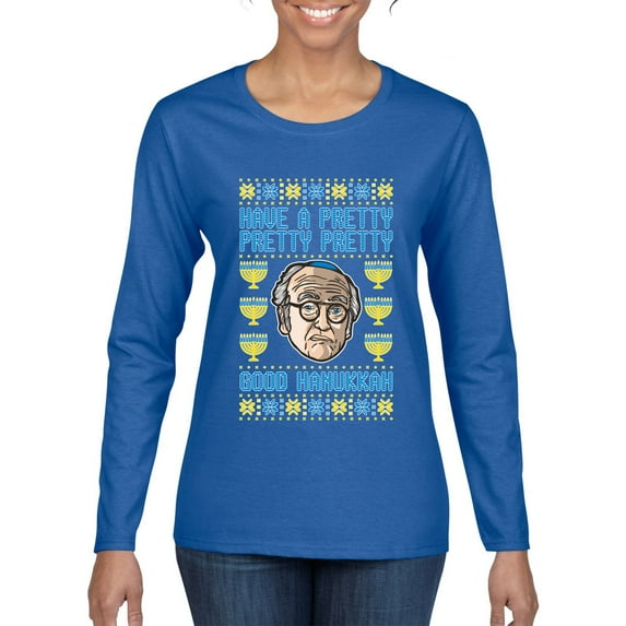 Wild Bobby, Have a Pretty Pretty Pretty Good Hanukkah Curb Larry, Hanukkah, Women Graphic Long Sleeve Tee, Royal, XX-Large
