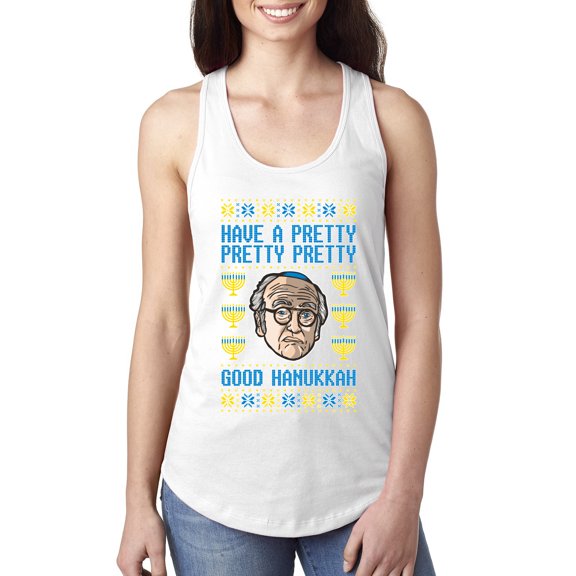 Wild Bobby, Have a Pretty Pretty Pretty Good Hanukkah Curb Larry, Hanukkah, Women Racerback Tank Top, White, Medium