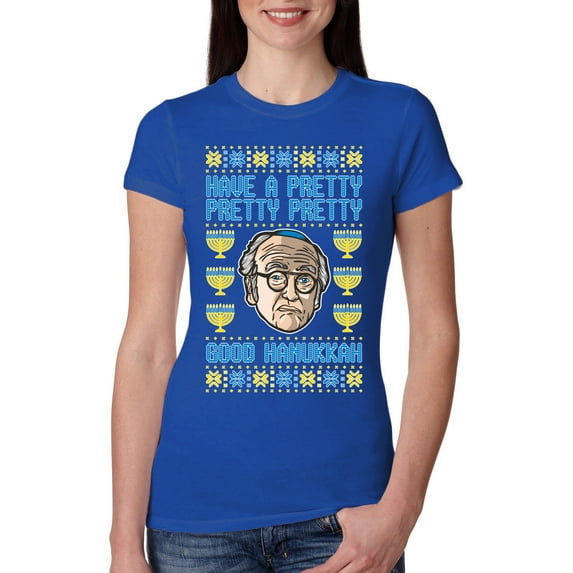 Wild Bobby, Have a Pretty Pretty Pretty Good Hanukkah Curb Larry, Hanukkah, Women Slim Fit Junior Tee, Royal, Large
