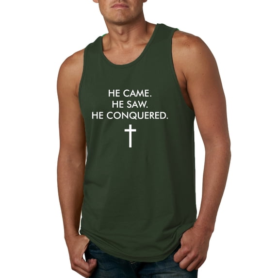 Wild Bobby, He Came He Saw He Conquered Inspirational/Christian Men Graphic Tank Top, Forest Green, Medium