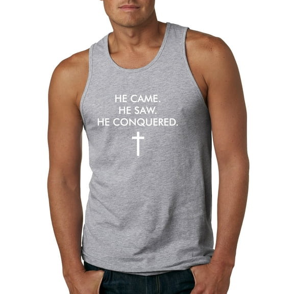 Wild Bobby, He Came He Saw He Conquered Inspirational/Christian Men Graphic Tank Top, Heather Grey, X-Large