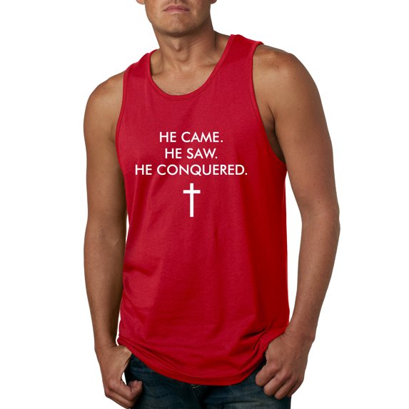 Wild Bobby, He Came He Saw He Conquered Inspirational/Christian Men Graphic Tank Top, Red, Large