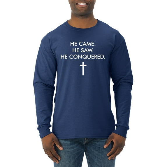 Wild Bobby, He Came He Saw He Conquered Inspirational/Christian Men Long Sleeve Shirt, Navy, X-Large