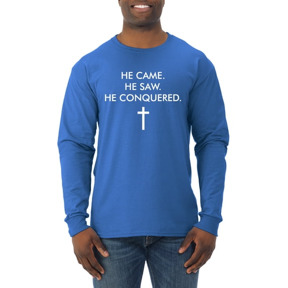 Wild Bobby, He Came He Saw He Conquered Inspirational/Christian Men Long Sleeve Shirt, Royal, Medium