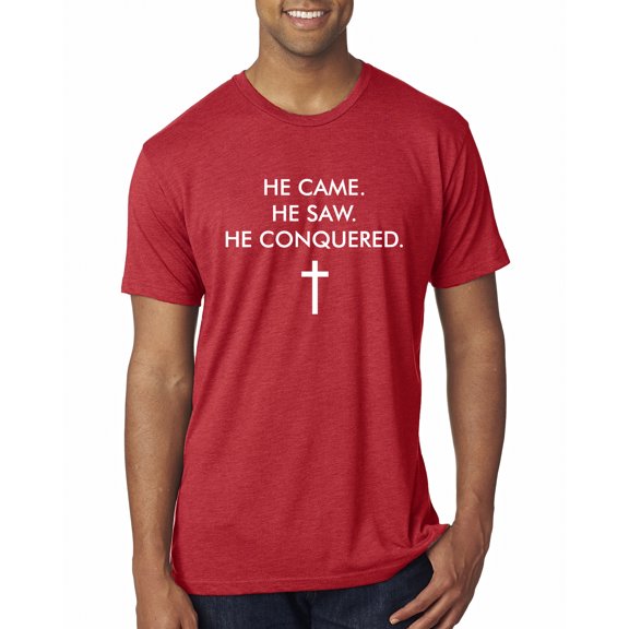Wild Bobby, He Came He Saw He Conquered Inspirational/Christian Men Premium Tri Blend Tee, Vintage Red, X-Large