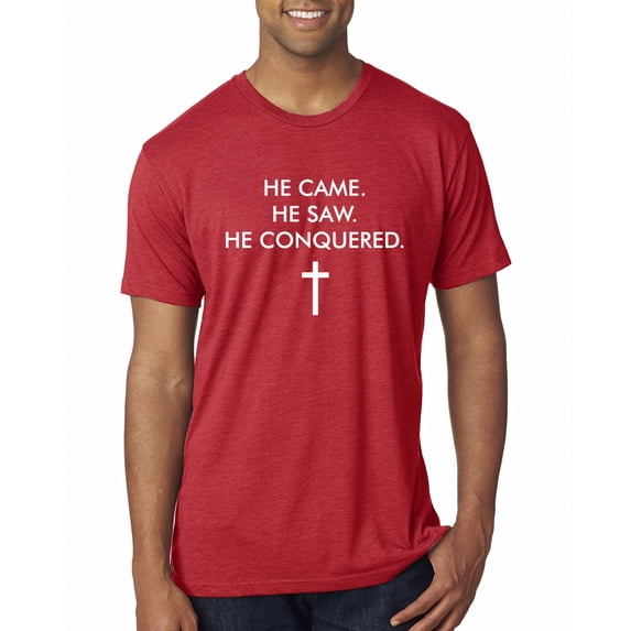 Wild Bobby, He Came He Saw He Conquered Inspirational/Christian Men Premium Tri Blend Tee, Vintage Red, XX-Large