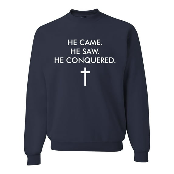 Wild Bobby, He Came He Saw He Conquered Inspirational/Christian Unisex Crewneck Graphic Sweatshirt, Navy, 3X-Large