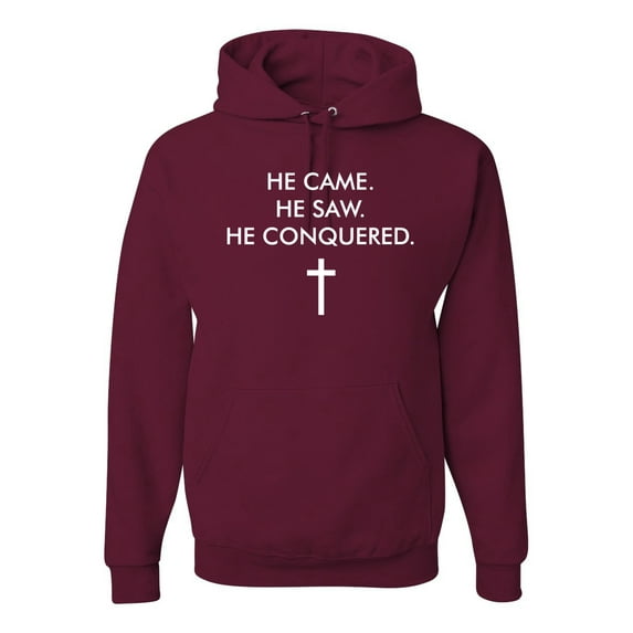 Wild Bobby, He Came He Saw He Conquered Inspirational/Christian Unisex Graphic Hoodie Sweatshirt, Maroon, XX-Large