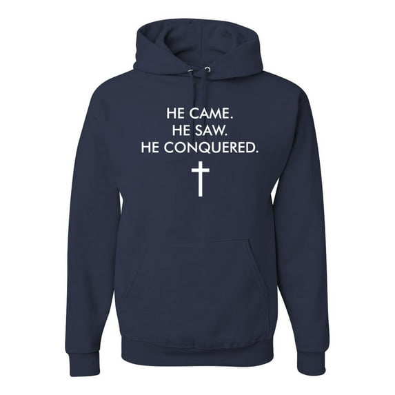 Wild Bobby, He Came He Saw He Conquered Inspirational/Christian Unisex Graphic Hoodie Sweatshirt, Navy, Small