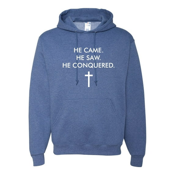 Wild Bobby, He Came He Saw He Conquered Inspirational/Christian Unisex Graphic Hoodie Sweatshirt, Vintage Heather Blue, Large