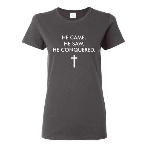 Wild Bobby He Came He Saw He Conquered Inspirational/Christian Women Graphic Tee, Charcoal, Medium
