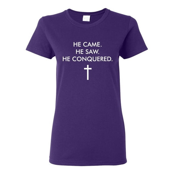 Wild Bobby He Came He Saw He Conquered Inspirational/Christian Women Graphic Tee, Purple, X-Large
