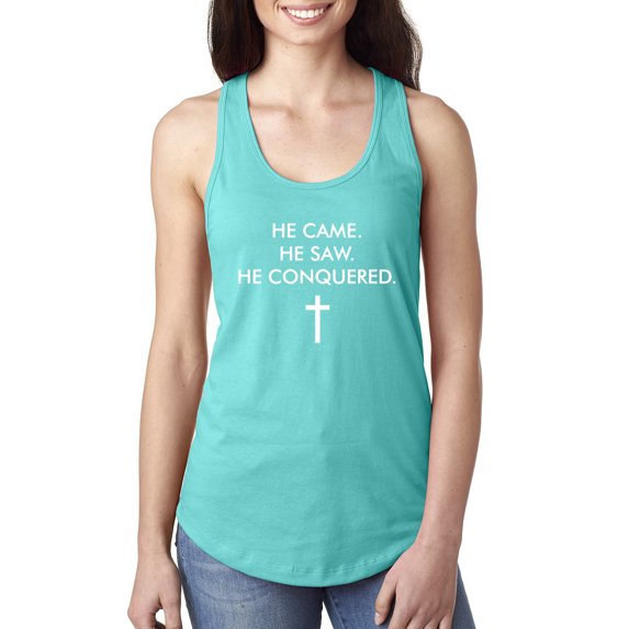 Wild Bobby, He Came He Saw He Conquered Inspirational/Christian Women Racerback Tank Top, Tahiti Blue, Medium