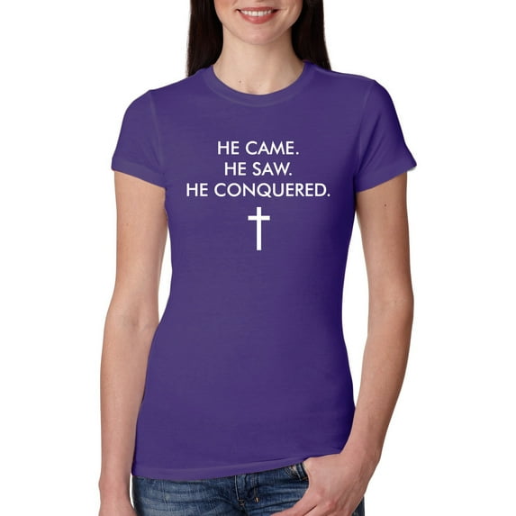 Wild Bobby, He Came He Saw He Conquered Inspirational/Christian Women Slim Fit Junior Tee, Purple Rush, XX-Large