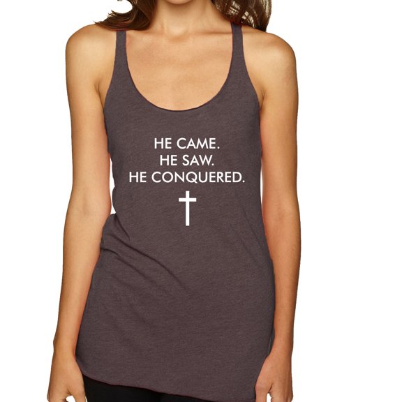 Wild Bobby He Came He Saw He Conquered Inspirational/Christian Women Tri-Blend Racerback Tank Top, Brown, X-Large
