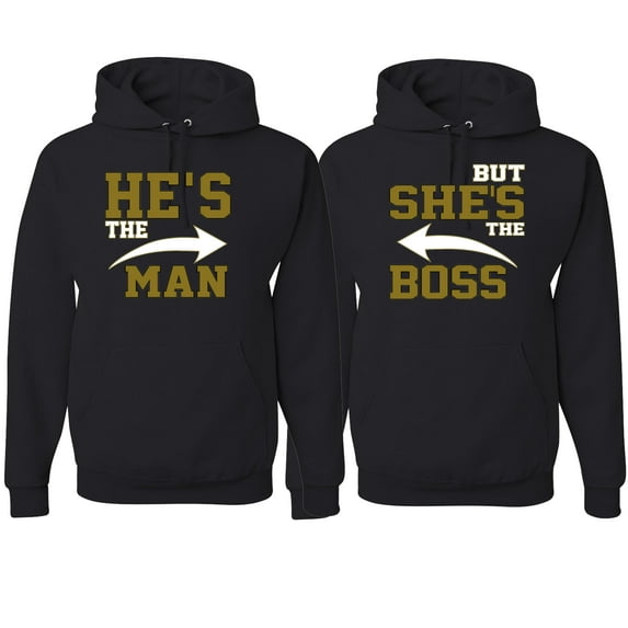 Wild Bobby, He's the Man She's the Boss Funny Classic His and Hers Matching Couples Hoodies Sweater Set, Black, Mens 3XL-Womens M
