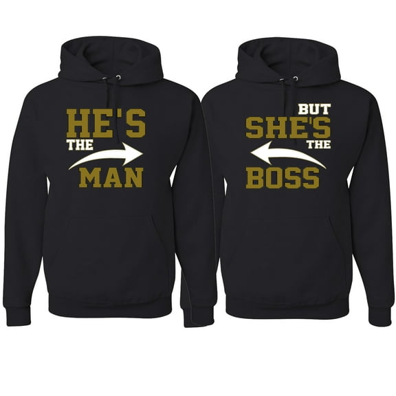 Wild Bobby, He's the Man She's the Boss Funny Classic His and Hers Matching Couples Hoodies Sweater Set, Black, Mens S-Womens S