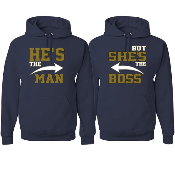 Wild Bobby, He's the Man She's the Boss Funny Classic His and Hers Matching Couples Hoodies Sweater Set, Navy, Mens L-Womens M