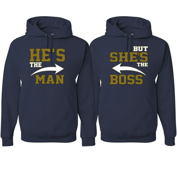 Wild Bobby, He's the Man She's the Boss Funny Classic His and Hers Matching Couples Hoodies Sweater Set, Navy, Mens XL-Womens 2XL