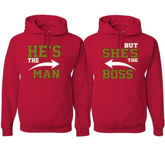 Wild Bobby, He's the Man She's the Boss Funny Classic His and Hers Matching Couples Hoodies Sweater Set, Red, Mens L-Womens L