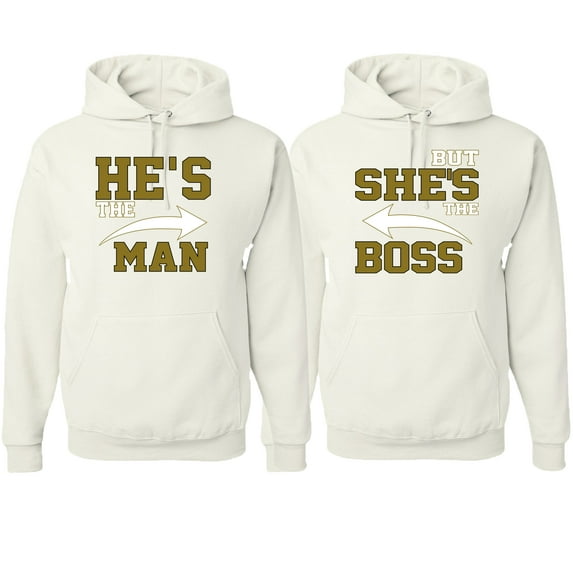 Wild Bobby, He's the Man She's the Boss Funny Classic His and Hers Matching Couples Hoodies Sweater Set, White, Mens 3XL-Womens M
